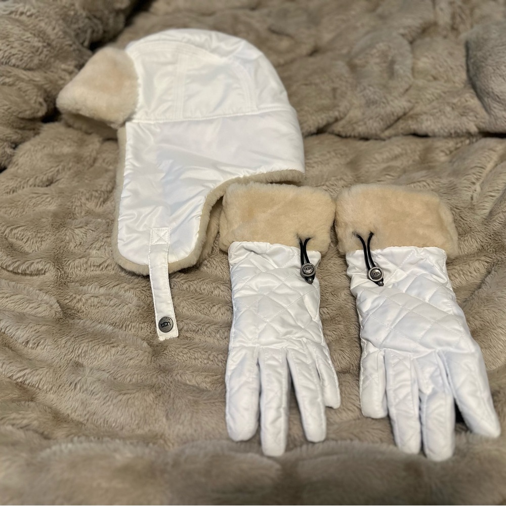 UGG White Quilted Hat & Gloves
